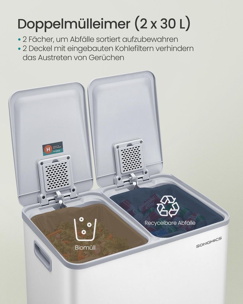 Mülleimer Küche, 2 x 30 Liter, 2 Fächer, Abfalleimer