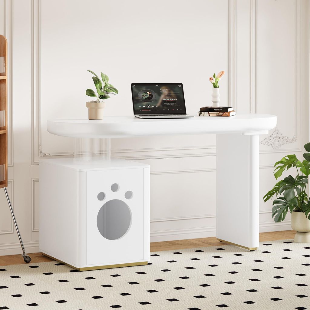 okwish Schreibtisch Beistelltisch mit integrierter Haustierhöhle und komplett lackiert,Computertisch mit abgerundete Kurven,geeignet für Haustier...
