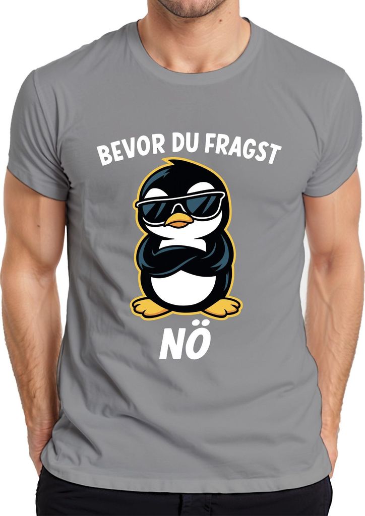 Bevor du fragst Nö lustig frech Pinguin Sonnenbrille cool Retro Herren T-Shirt, Grau, S