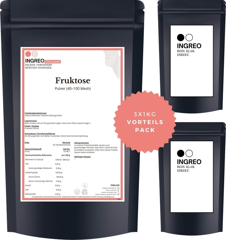 Fruktose  Pulver (40-100 Mesh) – 3kg (3X1kg) Produktbild 