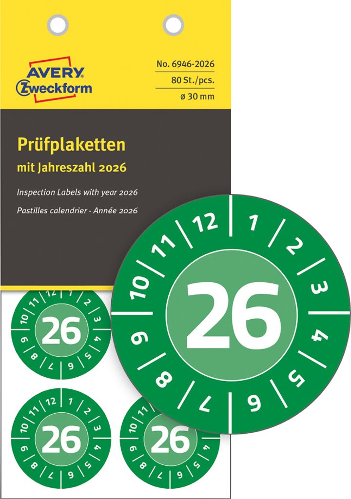 AVERY Zweckform Prüfplaketten 2026 NoPeel grün 20 mm 120 Etiketten