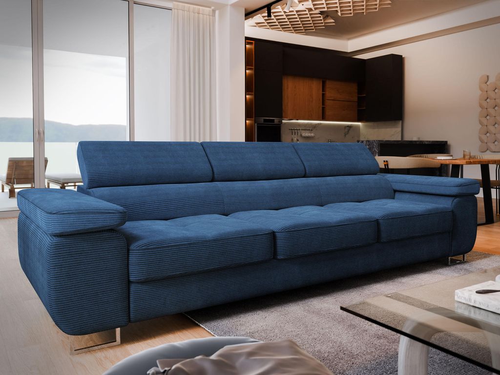 Sofa MOSINE Blau Kordstoff mit Schlaffunktion, Wohnzimmersofa, Couch, Soffa, Bettsofa, Couchgarnitur- Blau, POSO 05