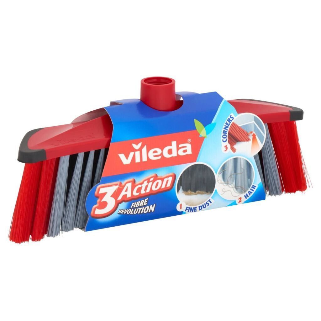 A Vileda 3Action broom is shown from a slightly elevated front-left angle, presented on a white background with marketing information on its packaging.