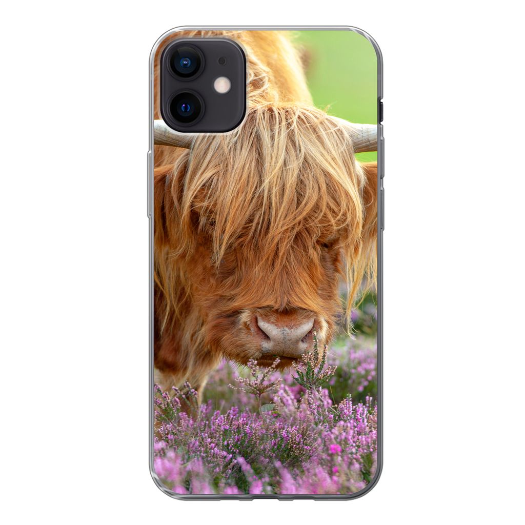 MuchoWow Handyhülle Schutzhülle Hülle für iPhone 12 mini Schottischer Highlander - Lila - Blumen Silikon Softcase Handy Hülle - Bild