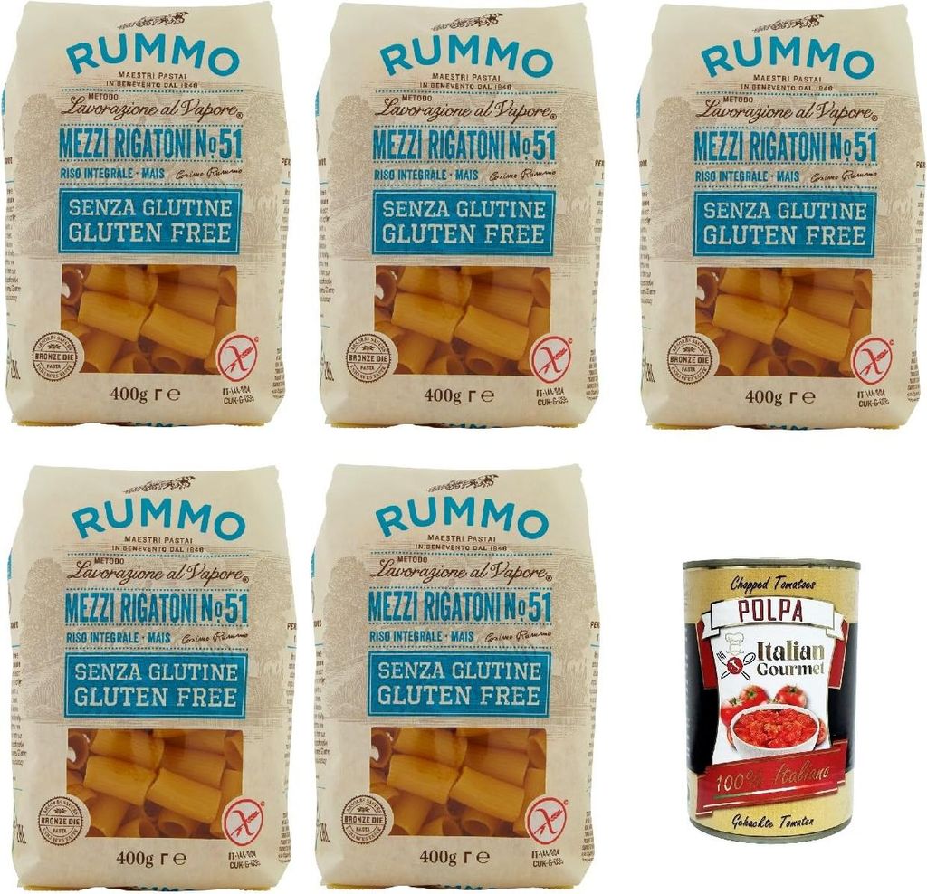 Rummo Pasta Mezzi Rigatoni N° 51 senza Glutine, gluten free, 100% italienische Pasta nudeln glutenfrei 5x 400g + Italian Gourmet polpa 400g