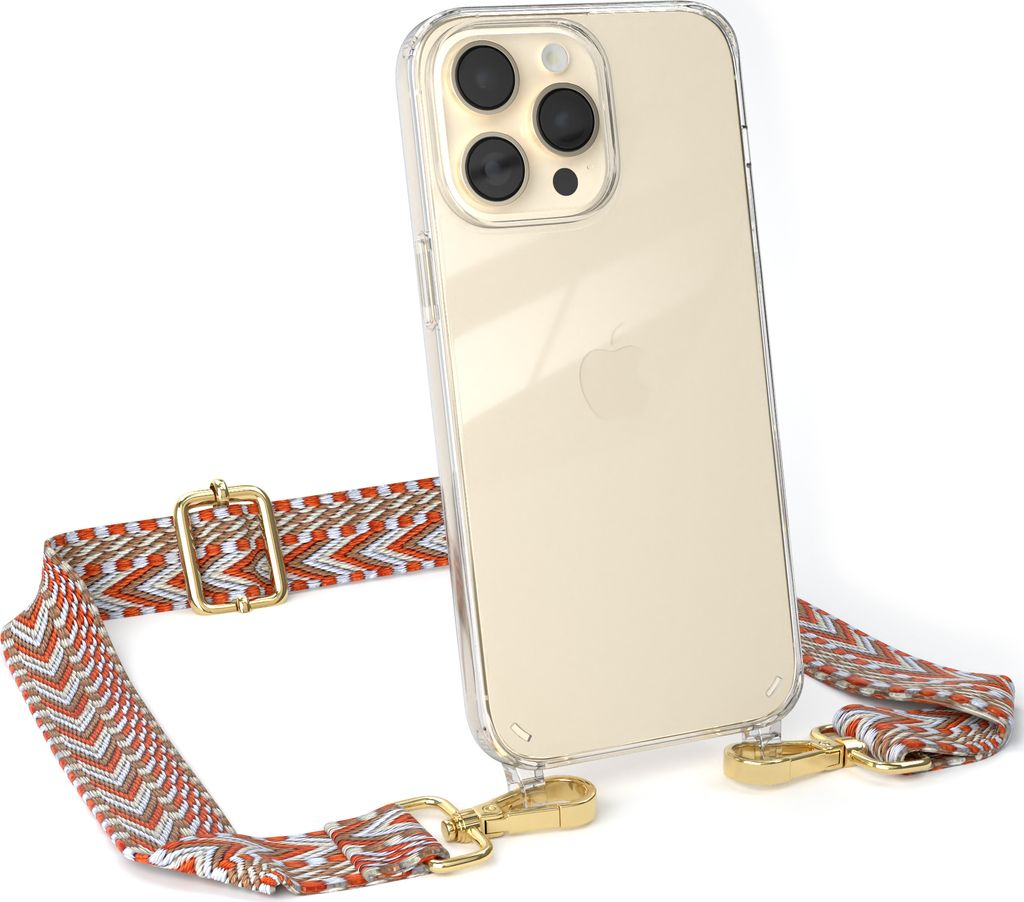 EAZY CASE Handykette - Verstellbarer Trageriemen kompatibel mit Apple iPhone 14 Pro Max, Handykordel mit transparenter Silikon-Hülle, Band in Orange