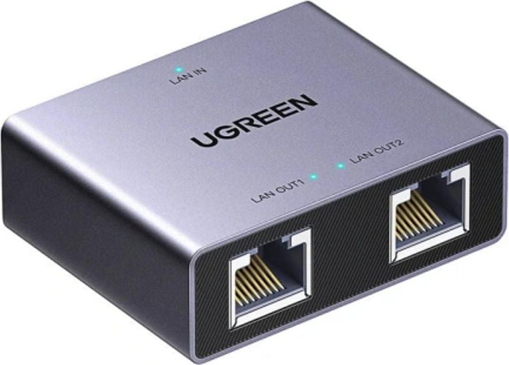 A Ugreen Ethernet Splitter Adapter Nw301 (1X2) is shown from a slightly elevated front-diagonal angle against a light gray background.