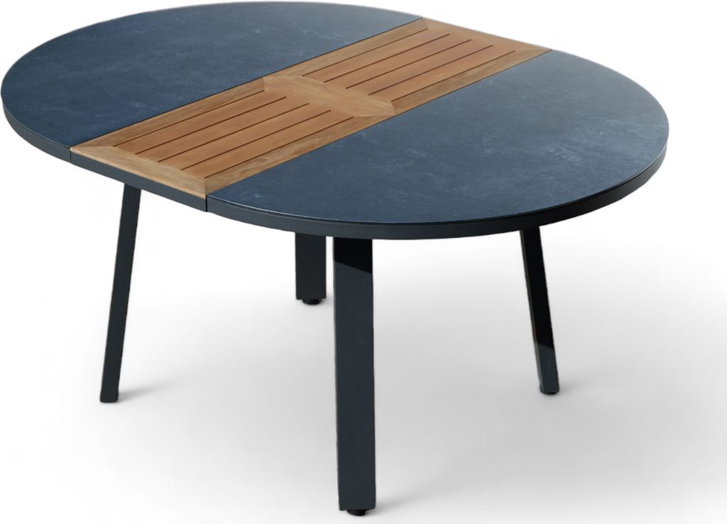 ALEOS. Aluminium Glas Teakholz Gartentisch rund Ausziehtisch 120/160 x 120 cm oval Tisch Esstisch Teaktisch TRINIDAD mit Ausziehfunktion
