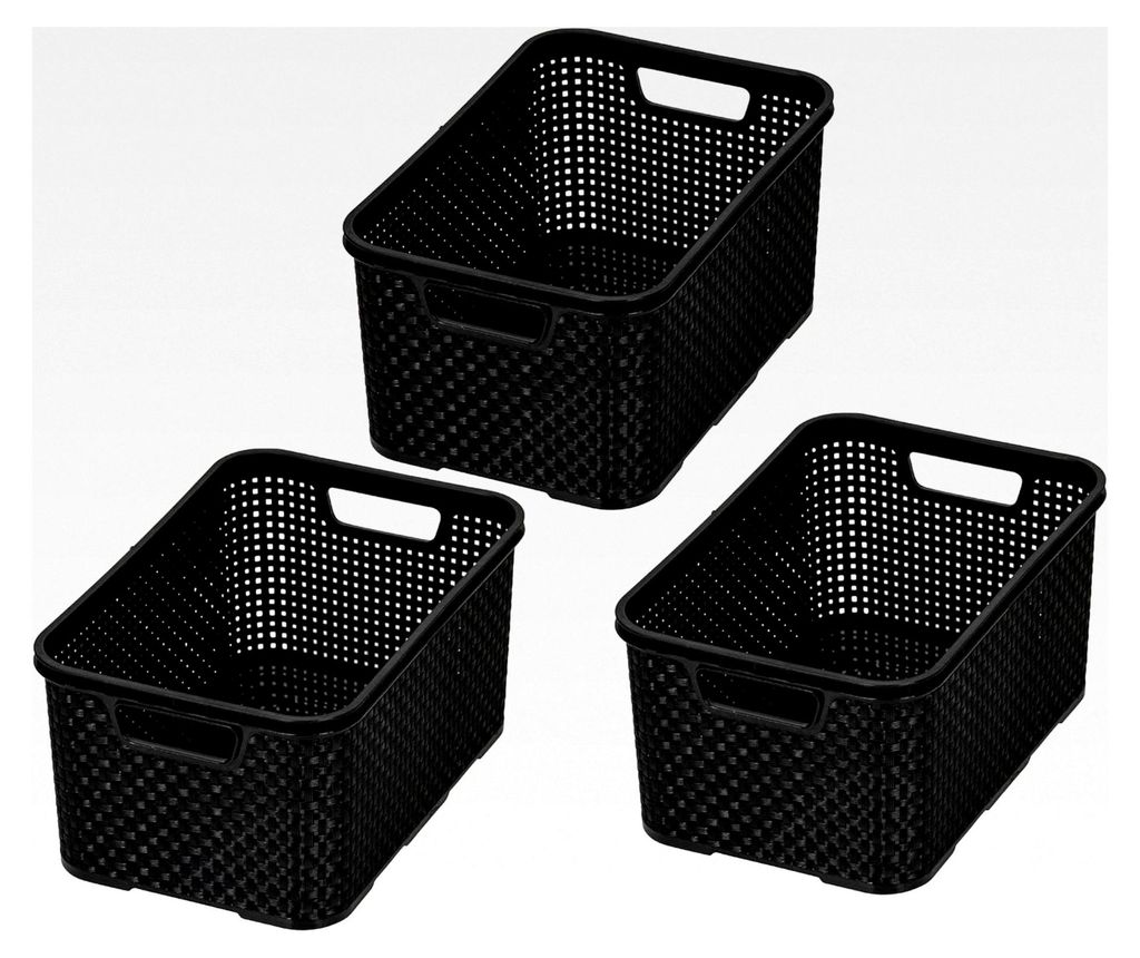 BranQ - Korbset im Rattan Design, 3 Stück, Größe S, 7 l, BPA-freier Kunststoff, Schwarz, 28,5x19,5x12,9 cm