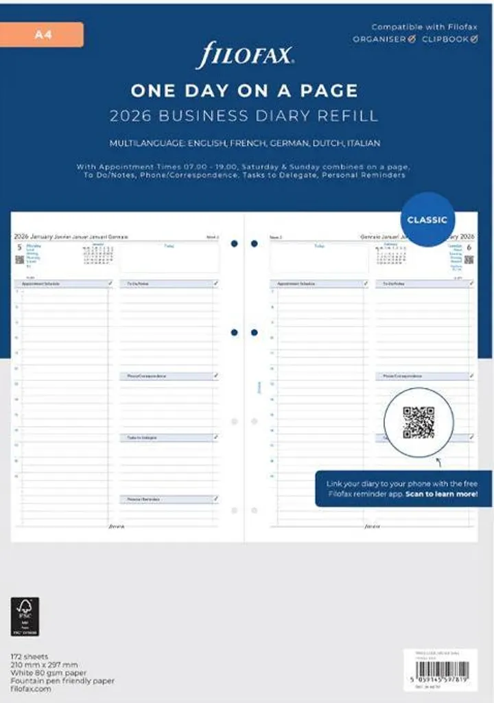 Recharge Agenda 2026 A4 Filofax - Ne Manquez Plus de Place - 1 Jour/Page