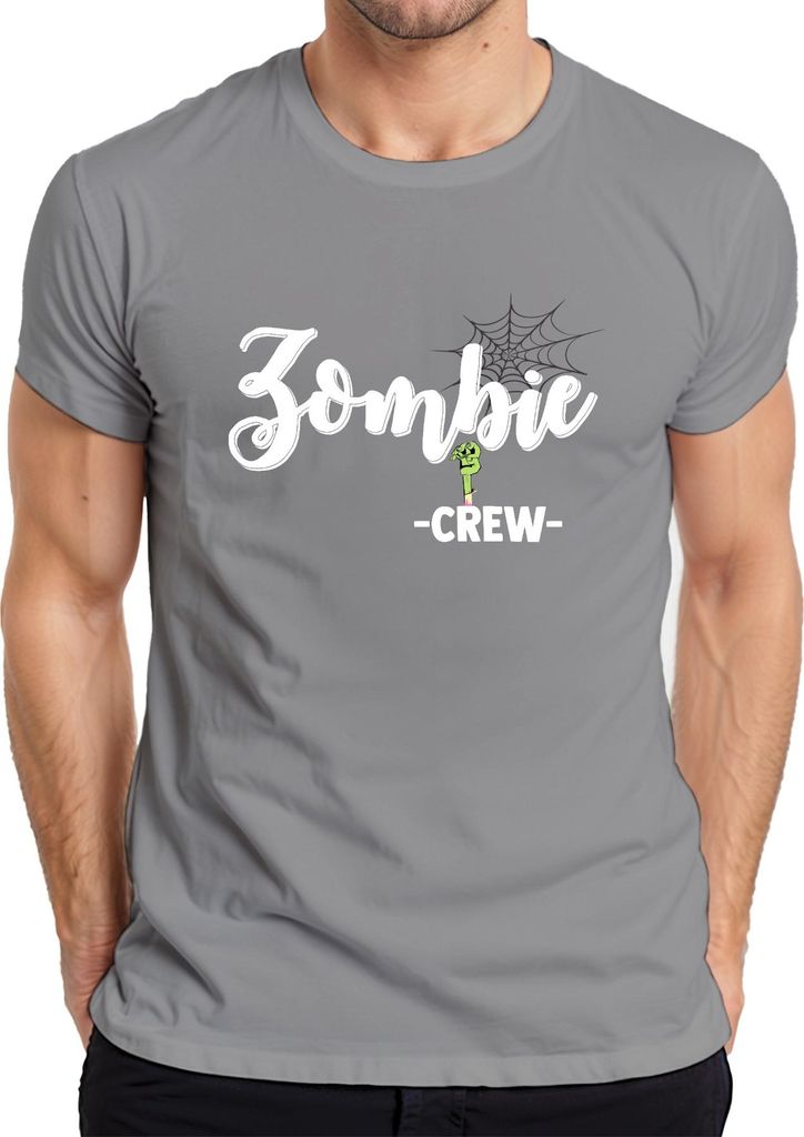 Zombie -CREW- Halloween Grusel Untote Spuk Zombiefan Spinnenweben Herren T-Shirt, Grau, L