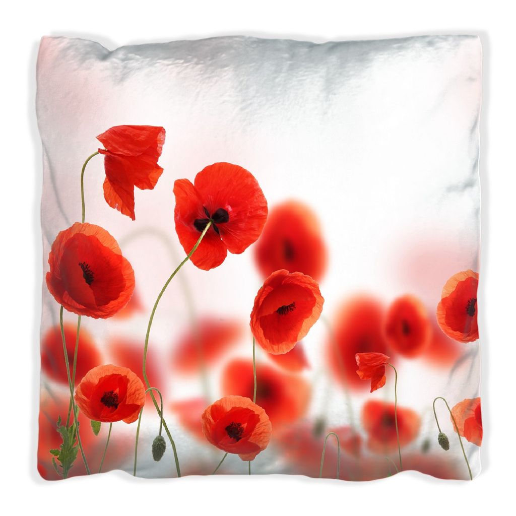 Wallario Premium Kissen, weiche Oberfläche, mit Motiv Leuchtende Mohnblumen - Rote Mohnblumenblüten, Größe: 60 x 60 cm, mit weißer Rückseite