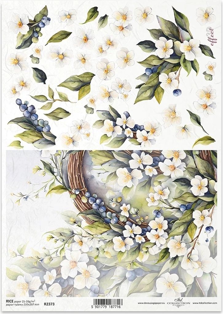 ITD Reispapier Decoupage Bastelpapier Serviettentechnik-R2373 Girlanden, weiße Blumen