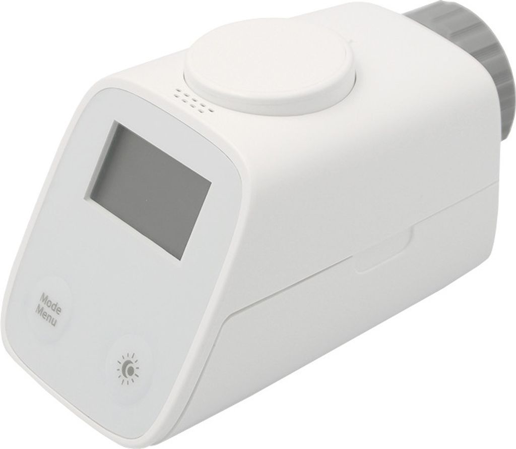 A white electronic thermostat head with a small screen and buttons, set against a white background.