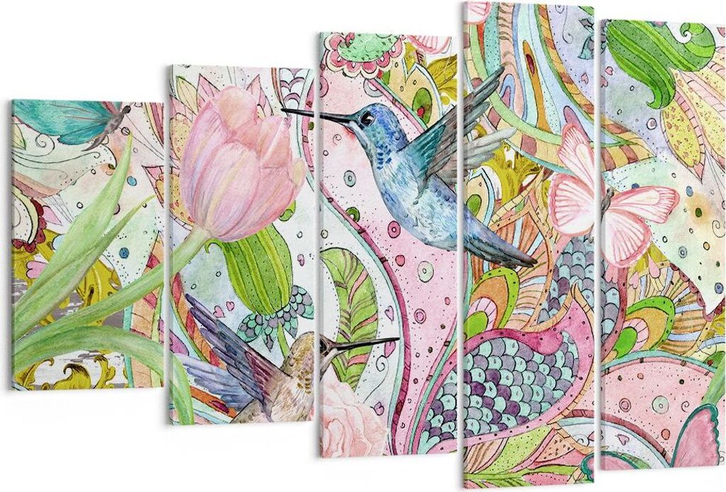 Bild auf Leinwand - Leinwandbild - Vogel Schmetterling Blume - 150x100cm - Wand Bild - Wanddeko - Leinwanddruck - Bilder - Kunstdruck - Wanddekorat...