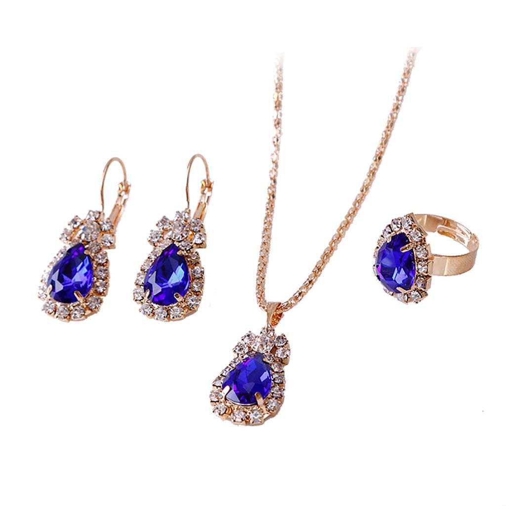 Schmuckset, auffällig, einfach zu kombinieren, für Damen, Wassertropfen, glänzende Strass-Halskette, Ring, Ohrringe für Party-Saphirblau