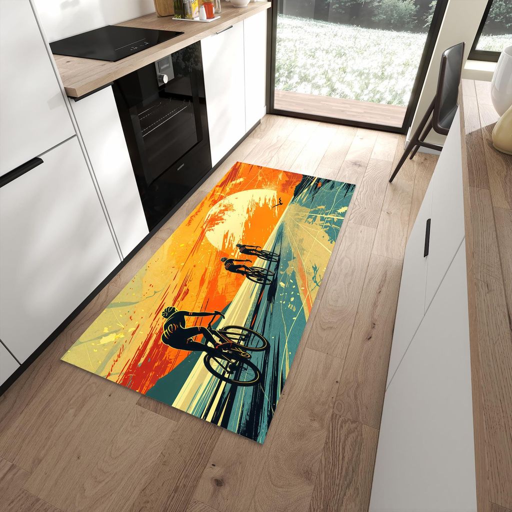 Küchenteppich 90x180cm rutschfest & abwischbar PVC Läufer - Radfahrer Sonnenuntergang