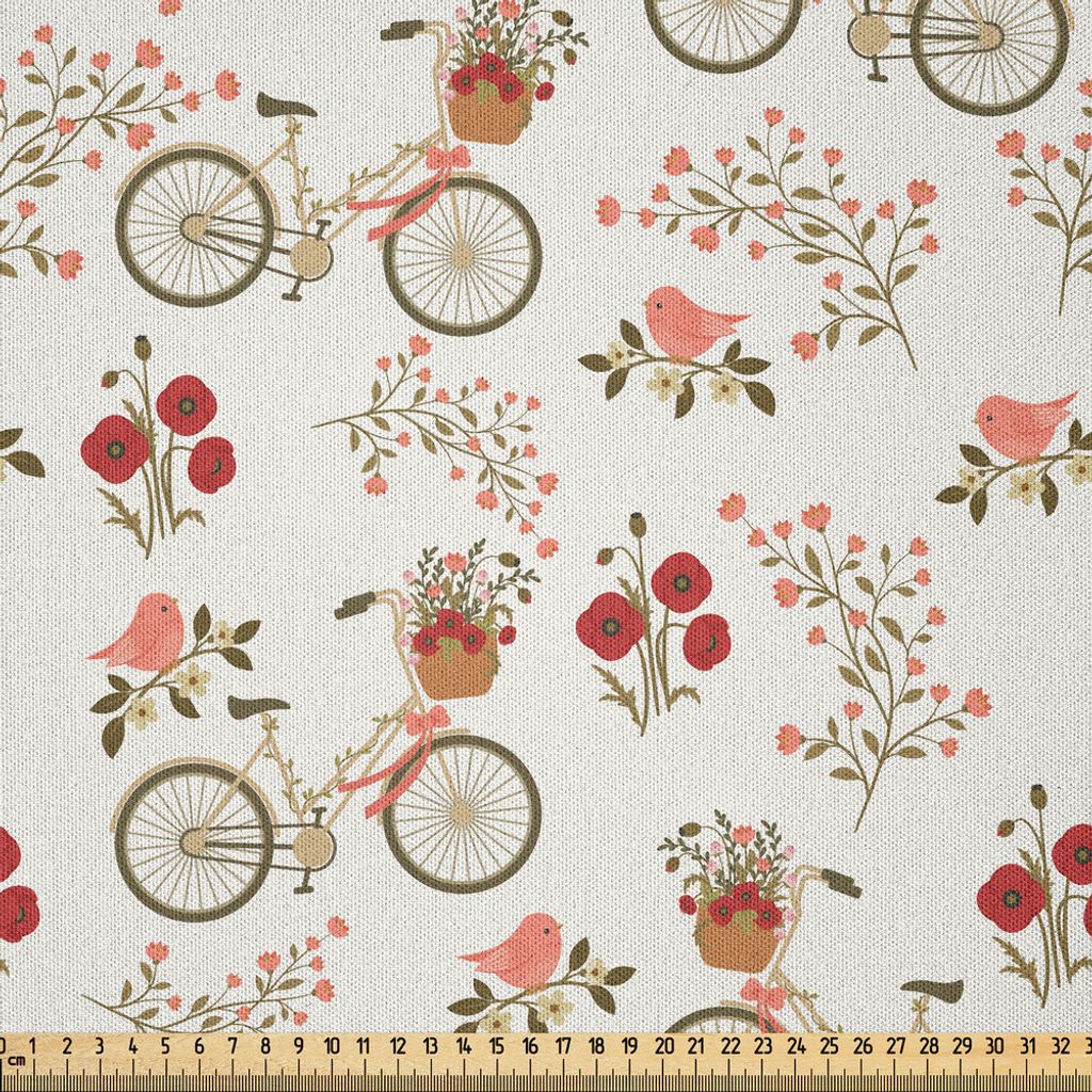 ABAKUHAUS Blumen Microfaser Stoff als Meterware , Nostalgische Romance mit Bikes Körbe voller Mohn Blumen Körbe Love Birds Spring, 10 M (230 x 10...
