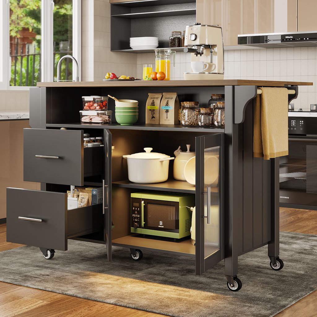 A kitchen island cart is shown in a well-lit kitchen setting.