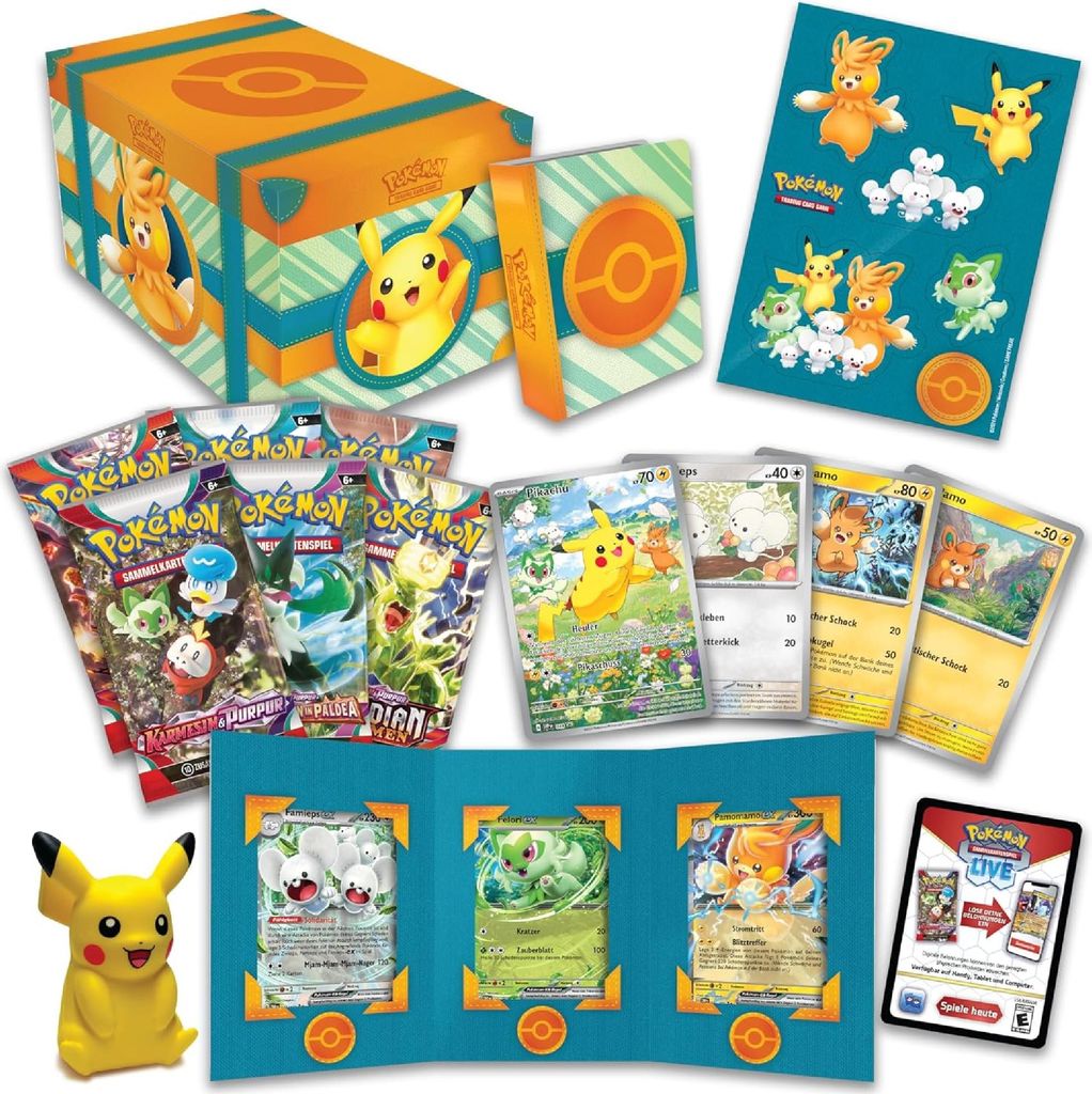 A collection of Pokemon TCG items including booster packs, cards, a storage box, and a Pikachu figure.