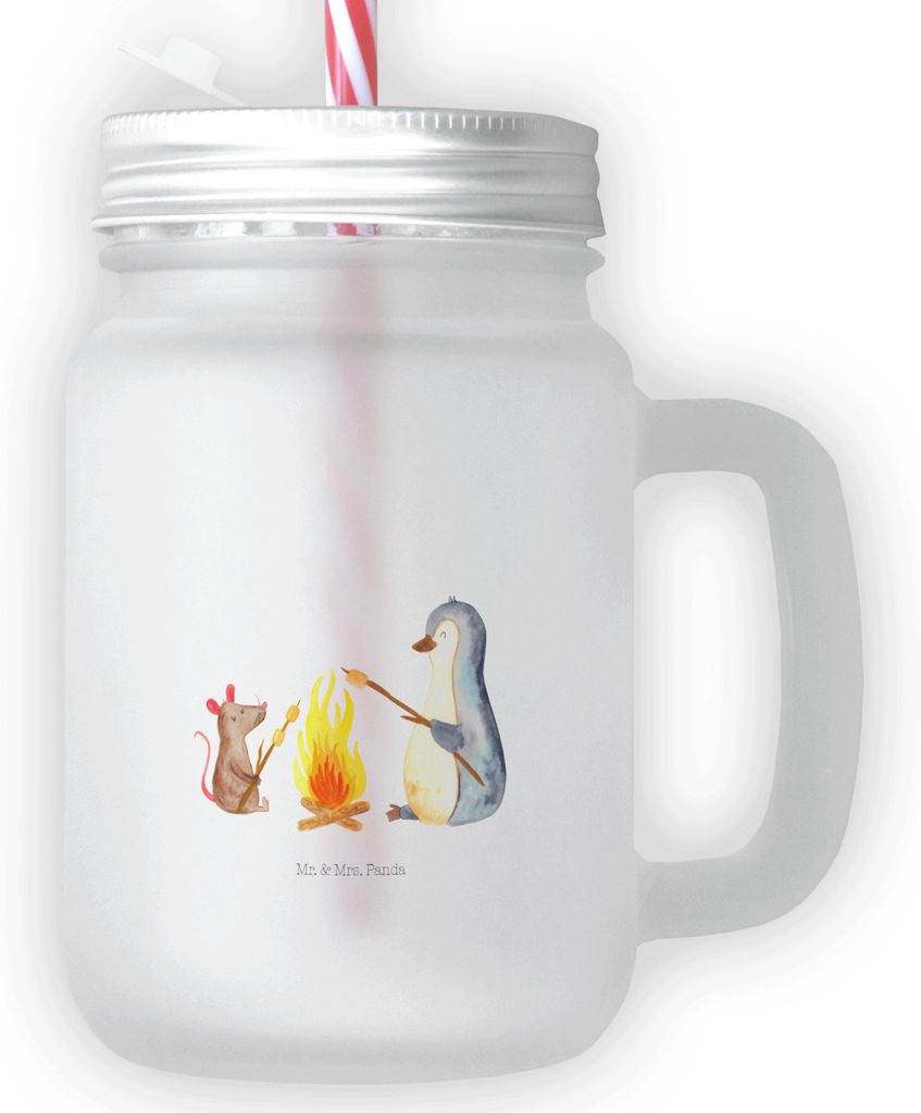 Mr. & Mrs. Panda Glas Für Smoothies Pinguin Lagerfeuer - Transparent - Geschenk, Job, Marshmallows, Mason Jar, Mit Schraubverschluss, Trinkgefäß...
