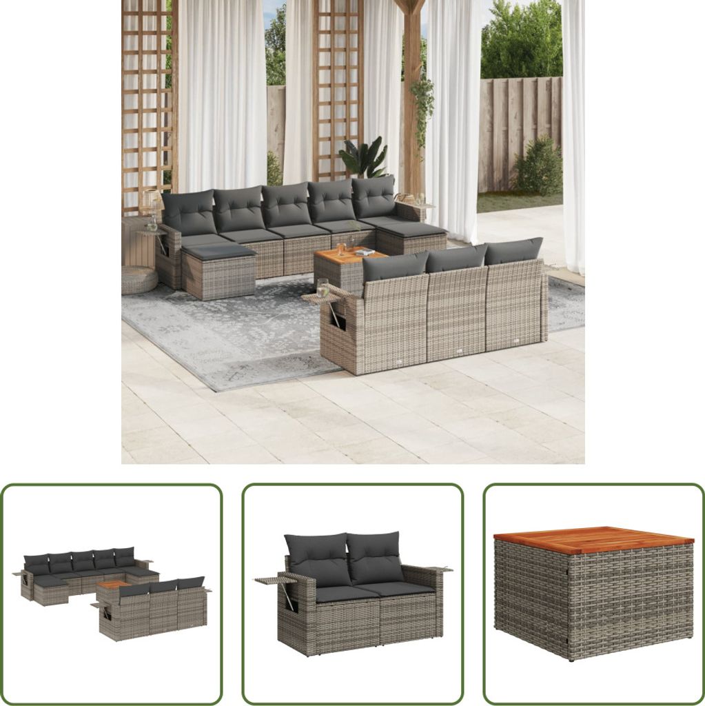 The Living Store 11-tlg. Garten-Sofagarnitur mit Kissen Grau Poly Rattan