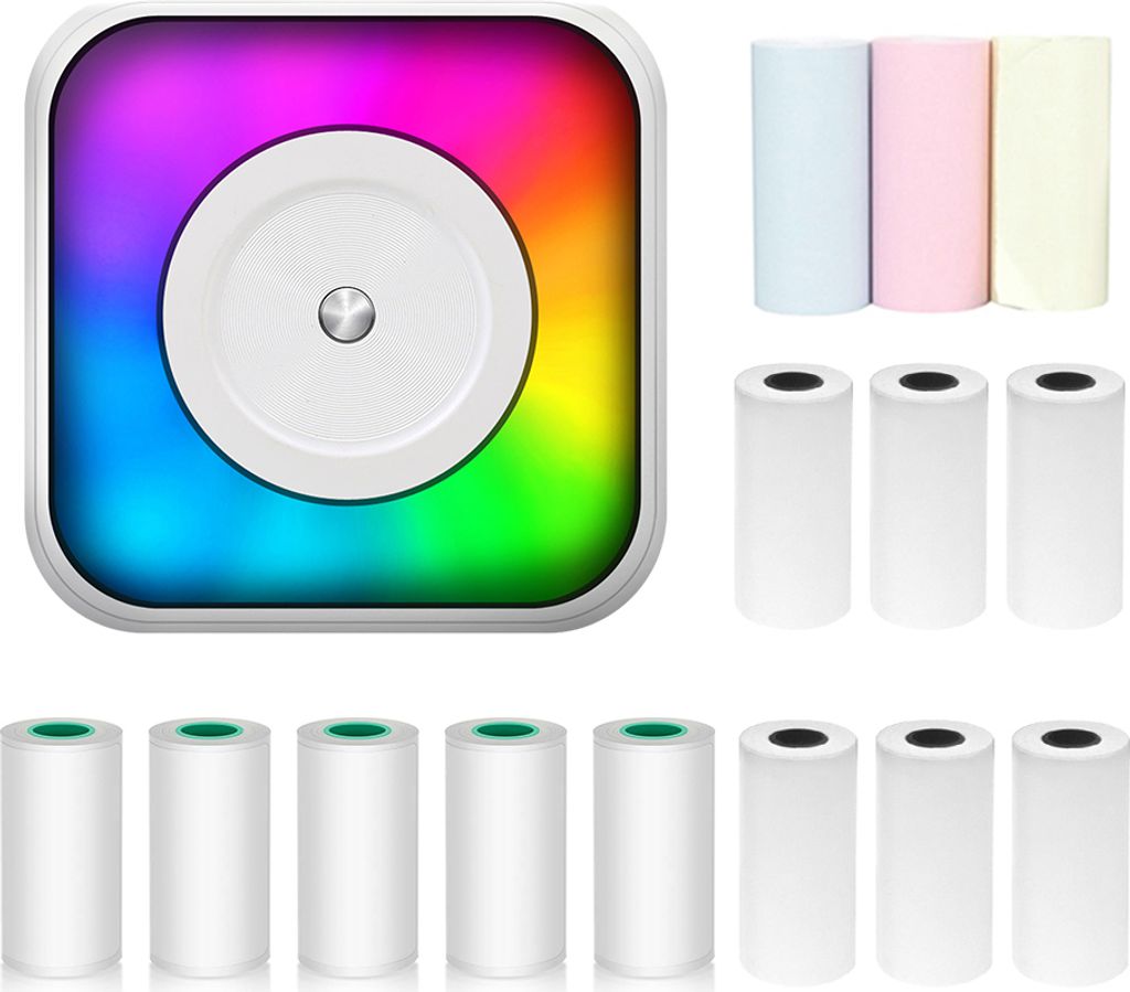 Mini-Thermodrucker, Aufkleber-Maker mit RGB-Licht, Bluetooth sofortiger Fotodruck, mit 9 Thermopapierrollen 57 mm + 5 Selbstklebepapierrollen