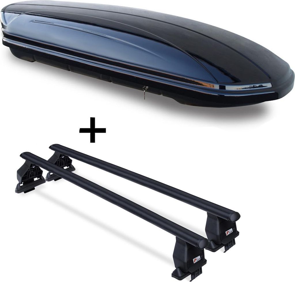 Dachbox VDPMAA580 580Ltr abschließbar schwarz + Dachträger Menabo TEMA kompatibel mit für Dacia Logan (Limousine 4 Türer) 04-12