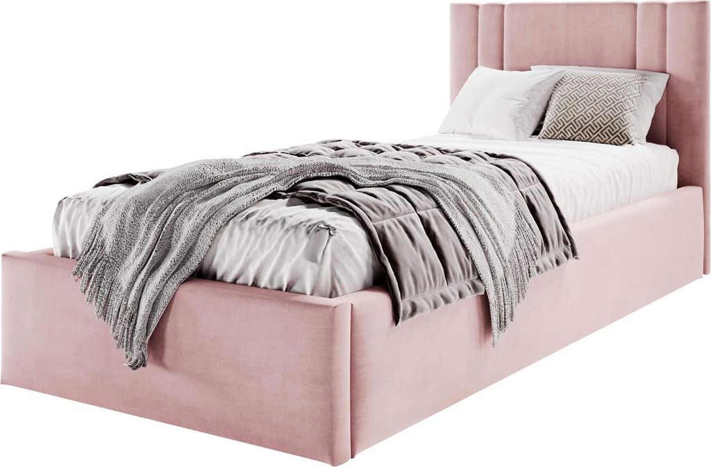 Moebelpaket Bett 100x200 cm, Bett Azuro S08, Polsterbett mit Stauraum, Modern Einzelbett mit Einem Metallrahmen Rosa
