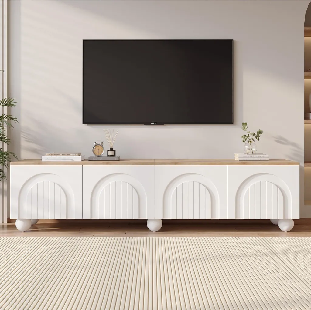Merax Armoire TV 180cm Blanc et Bois avec 6 Pieds Métal pour Écran 80"