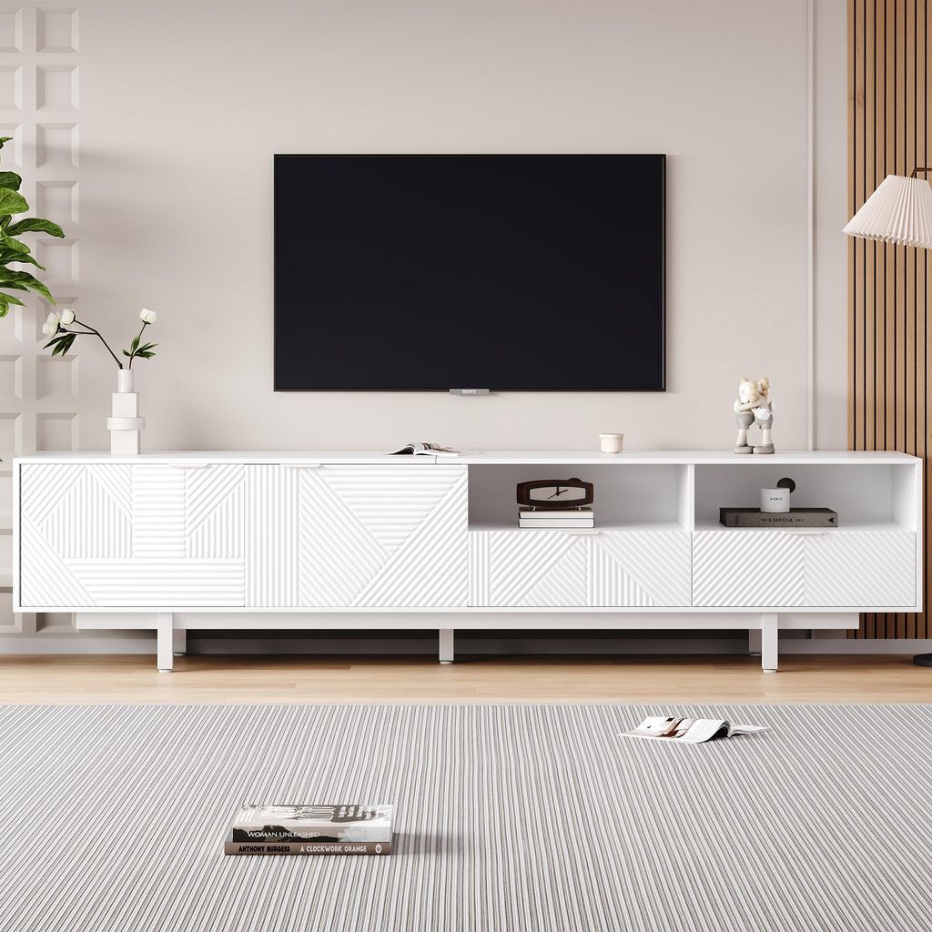 Moderner TV-Schrank mit abstraktem geometrischen Linienmuster in Weiß – zwei Türen, offene Fächer, für Fernseher bis 90 Zoll, 200 x 40 x 51 cm