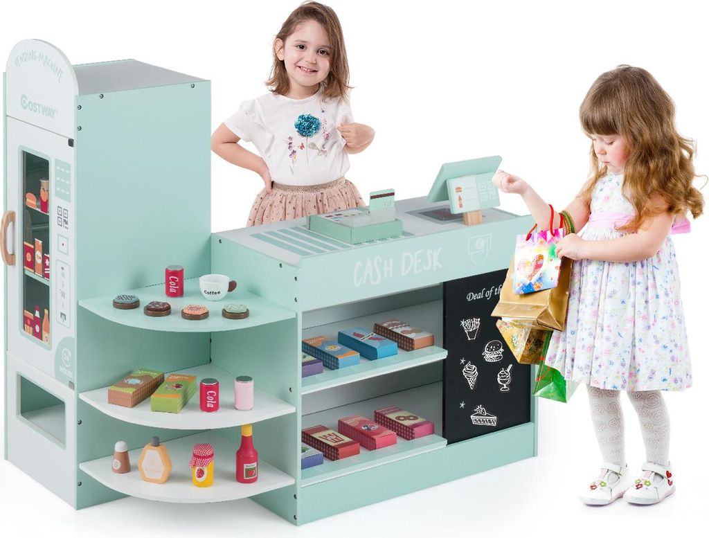 COSTWAY Kinder-Einkaufsladen aus Holz mit Theke, Kasse, Kassensystem, Verkaufsautomat, Tafel und Regalen, Lustiges Supermarkt-Set für Kinder 3-8, ...