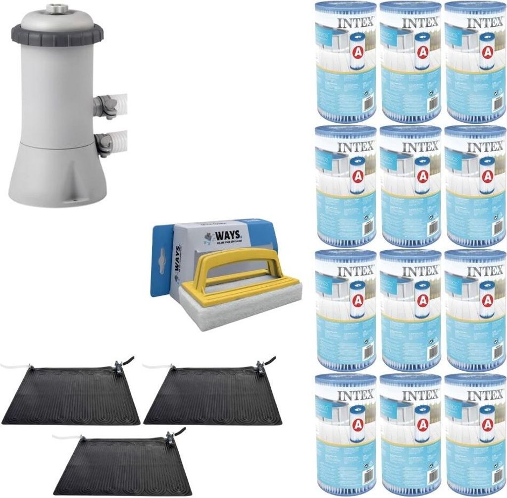 WAYS - Poolpflege - 3x Poolheizung & Filterpumpe 2271 L/u & 12 Filter Typ A & WAYS Scheuerbürste