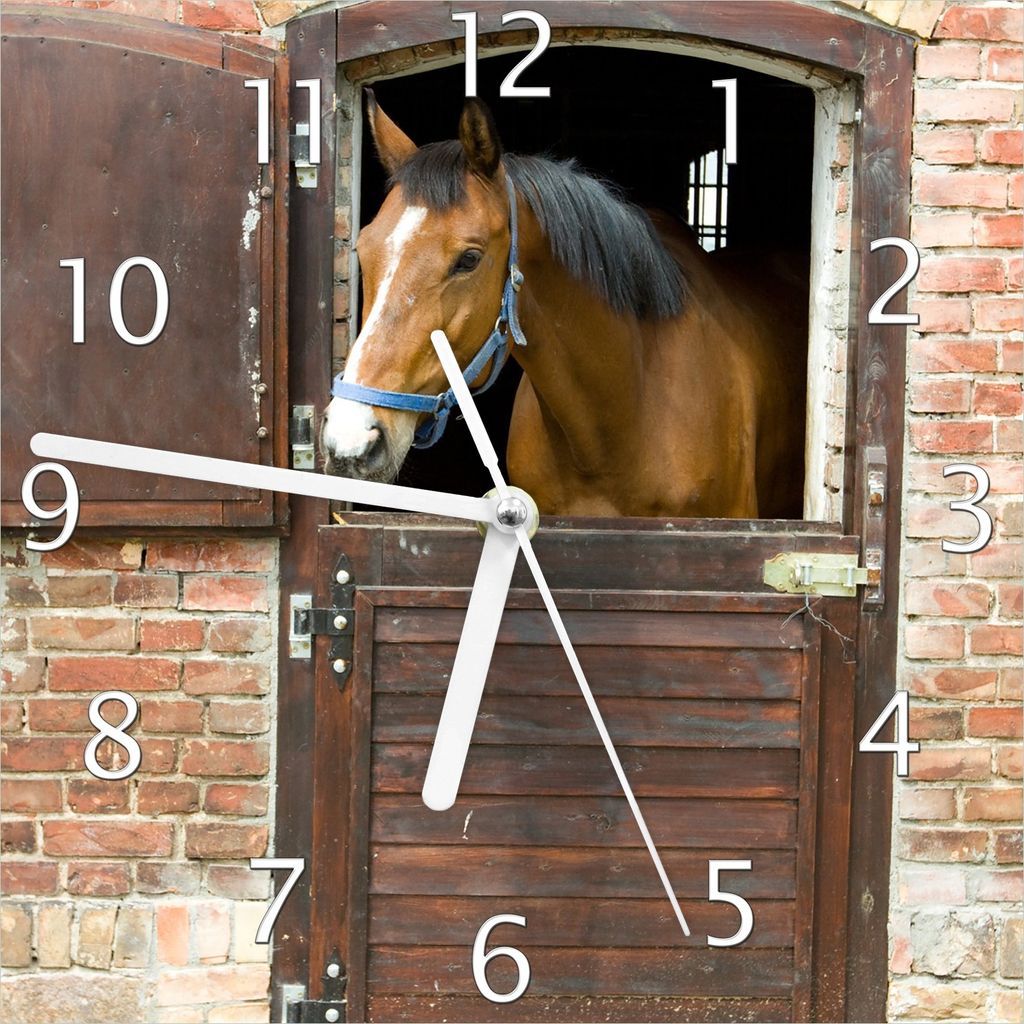 Wallario Design Wanduhr Pferd im Stall aus Echtglas, Größe 20 x 20 cm