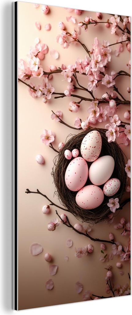 MuchoWow Wanddekoration Metall Metallbild Wandkunst 40x80 cm Rosa - Blüten - Eier MuchoWow Aluminium Gemälde - Wanddekoration - Industrial