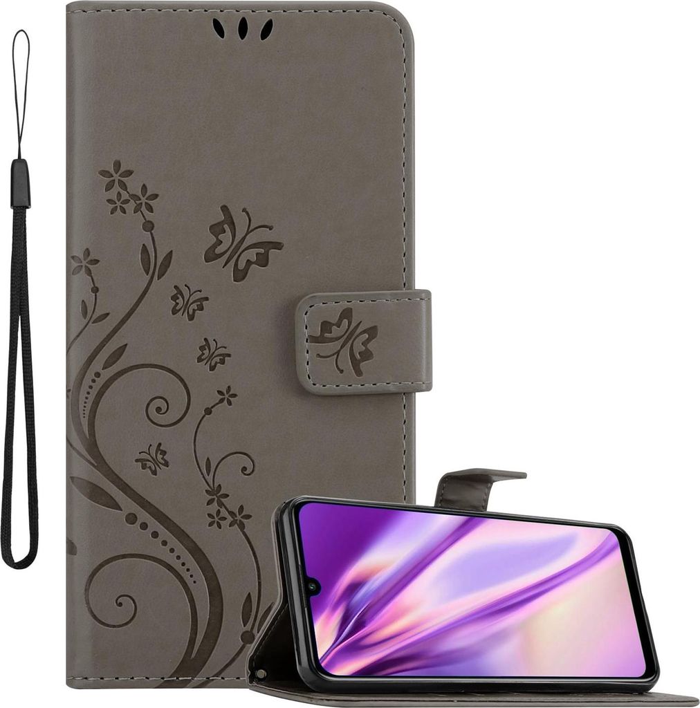 Cadorabo Hülle für Huawei P SMART 2020 Schutz Hülle in Grau Schutzhülle Handy Hülle Etui Case Blumen Flower