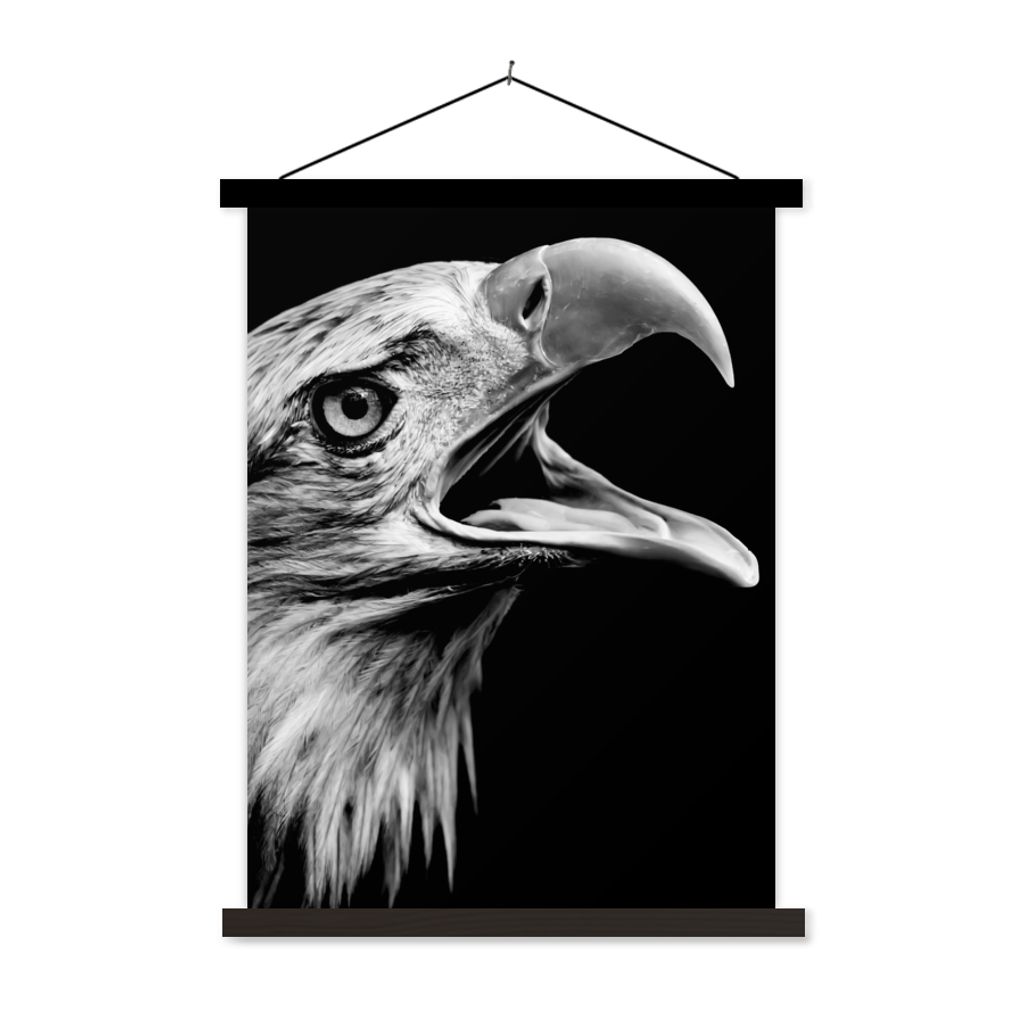 MuchoWow Textilposter Adler - Porträt - Raubvögel - Schwarz - Weiß - Vogel 120x160 cm mit schwarzem Rahmen - Magnetischer