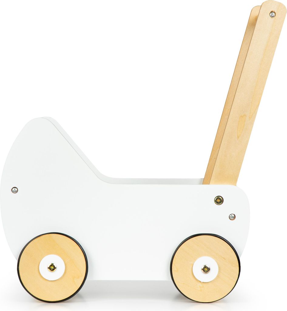 A side view of a white wooden toy doll stroller on a white background.
