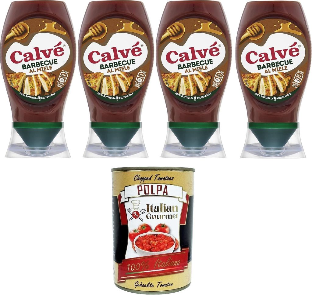 Calvé Salsa Barbeque al Miele,Honey Barbecue Sauce, Honey BBQ Sauce, ideal für weißes Fleisch mit intensiverem Geschmack, 4 x 250 ml + Italian G...