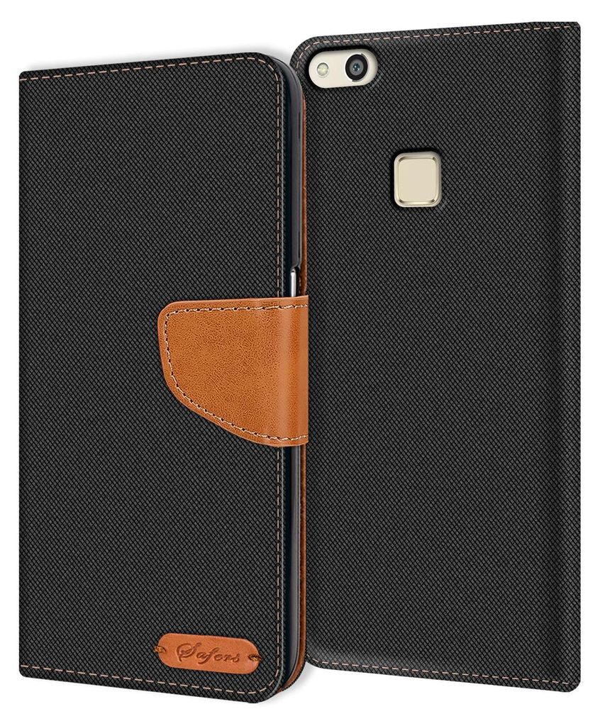 A black flip case for a Huawei P10 Lite phone, with a brown leather accent and a small logo.
