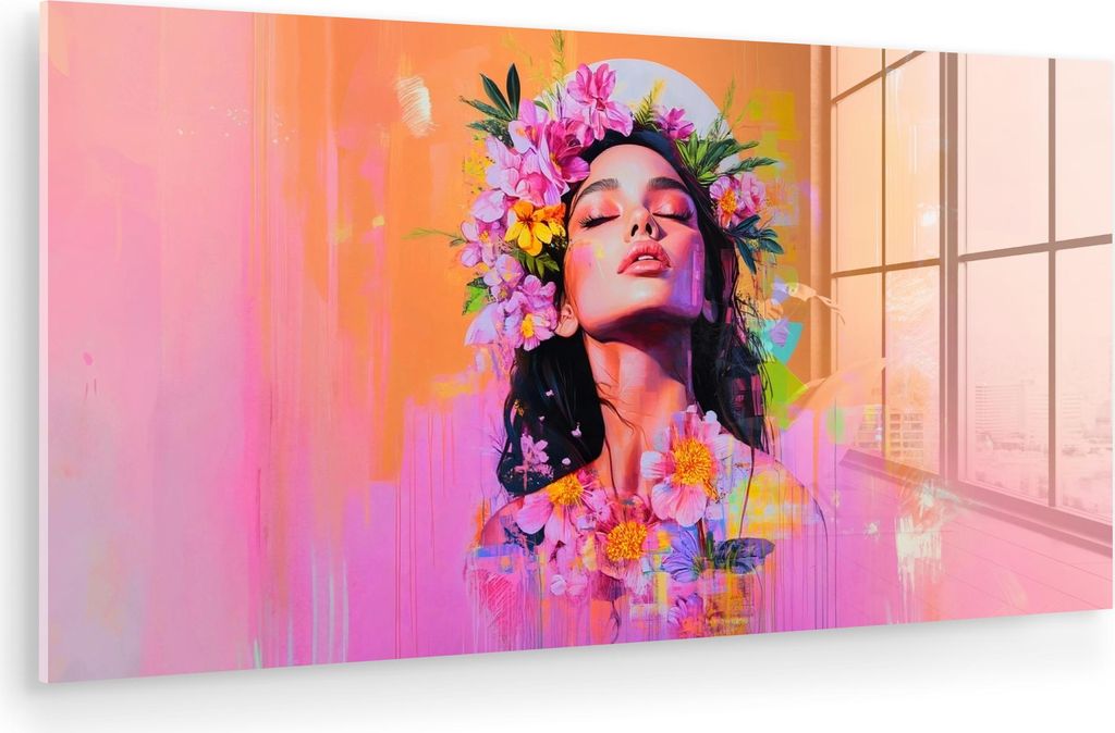 MuchoWow Glasbilder - Bilder auf Wandbild - Foto auf Glas Porträt - Blumenkrone - Frau 80x40 cm Wanddekoration aus Glas - Acrylglasbild - Acrylbil...