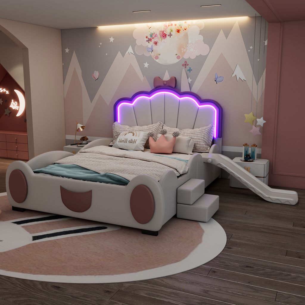A child's bedroom with a themed bed, featuring a slide and LED lighting.