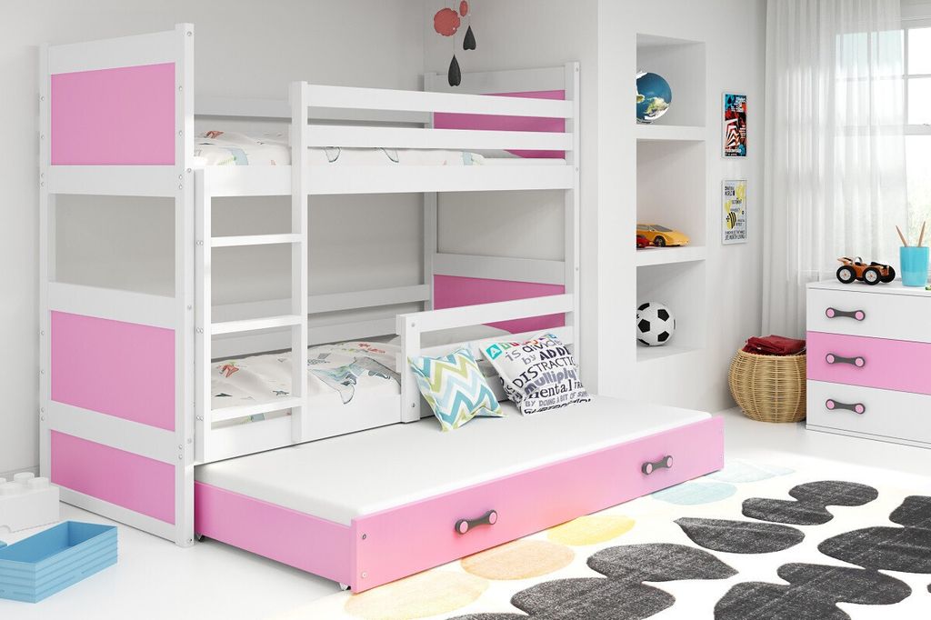 Kinderhochbett mit Zustellbett ohne Matratzen 80x160 FERGUS – Weiß / Rosa