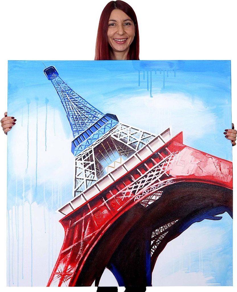 Ölgemälde Eiffelturm Tricolore, 100% handgemaltes Wandbild Gemälde XL, 100x100cm