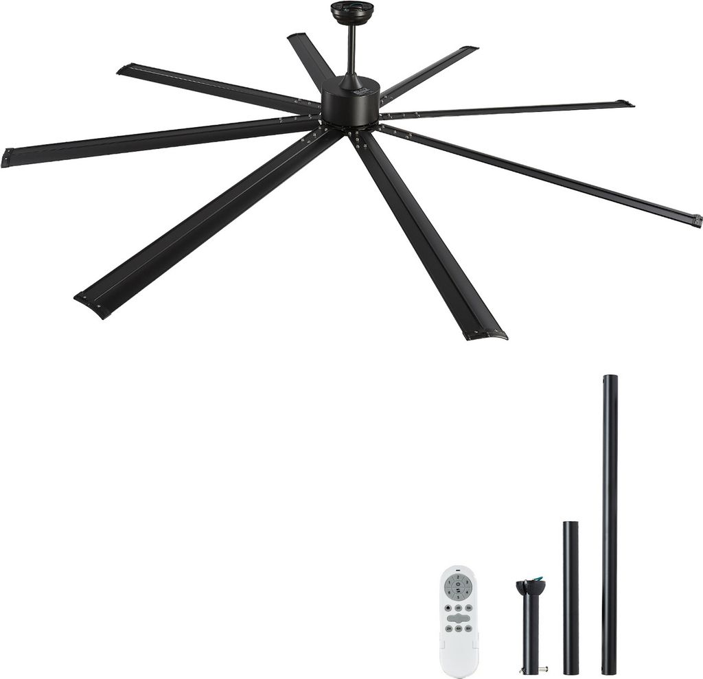 SucceBuy 244 cm Deckenventilator ohne Licht, 6-Gang-Fernbedienung, 8 Flügel aus Aluminium, umkehrbarer Gleichstrommotor, moderner, flacher Unterpu...