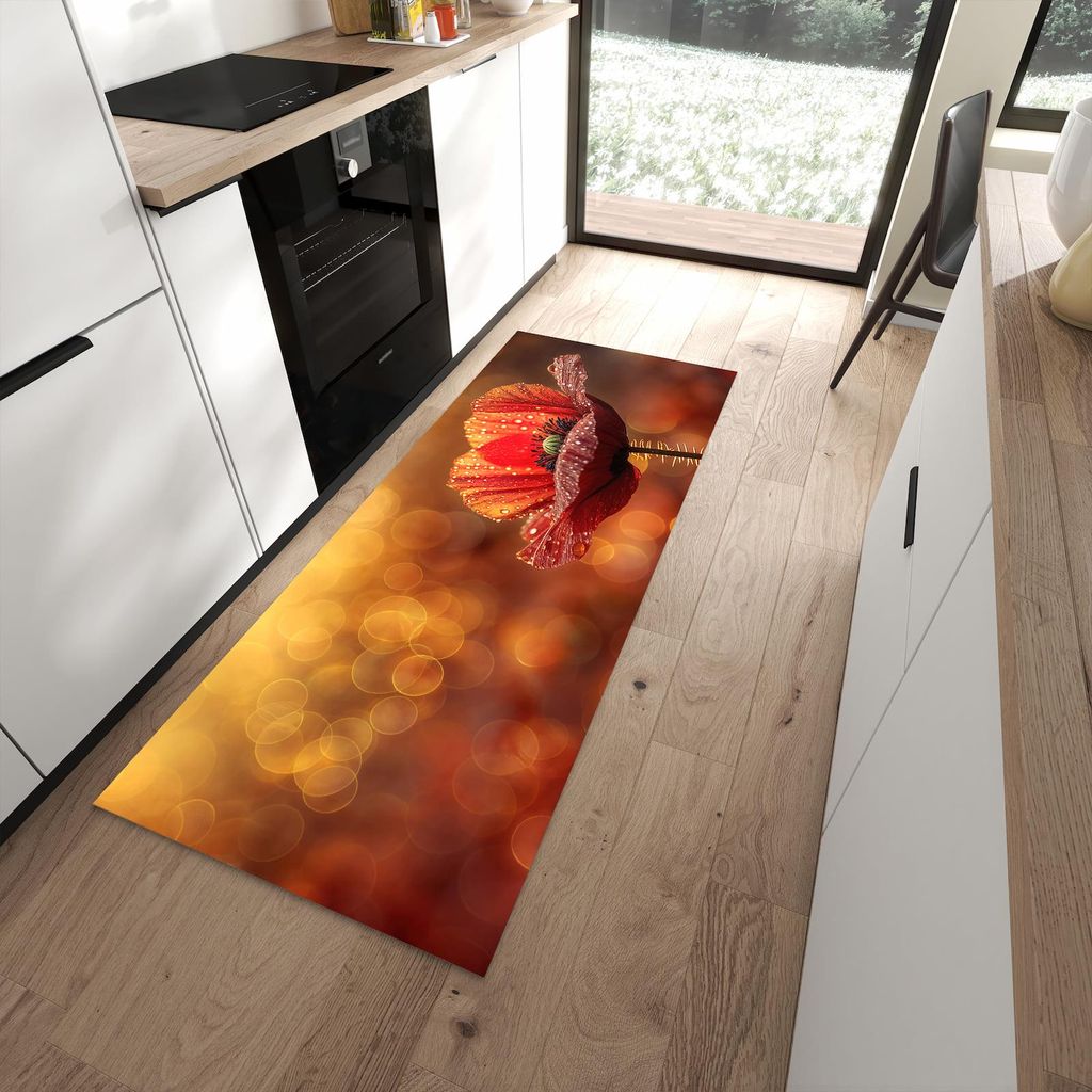 Küchenteppich 80x200cm rutschfest & abwischbar PVC Läufer - Blühende Mohnblume