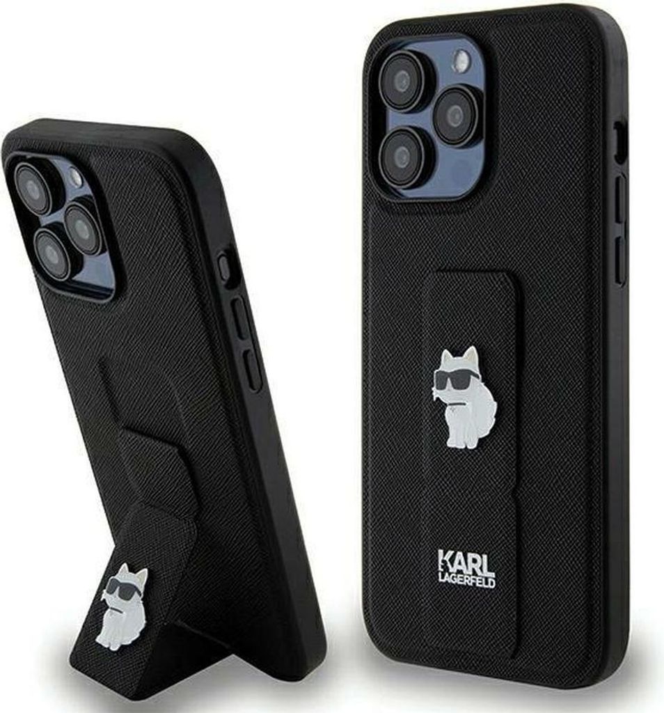 Karl Lagerfeld Gripstand Saffiano Choupette Pins - iPhone 13 Pro Max Hülle (Schwarz)