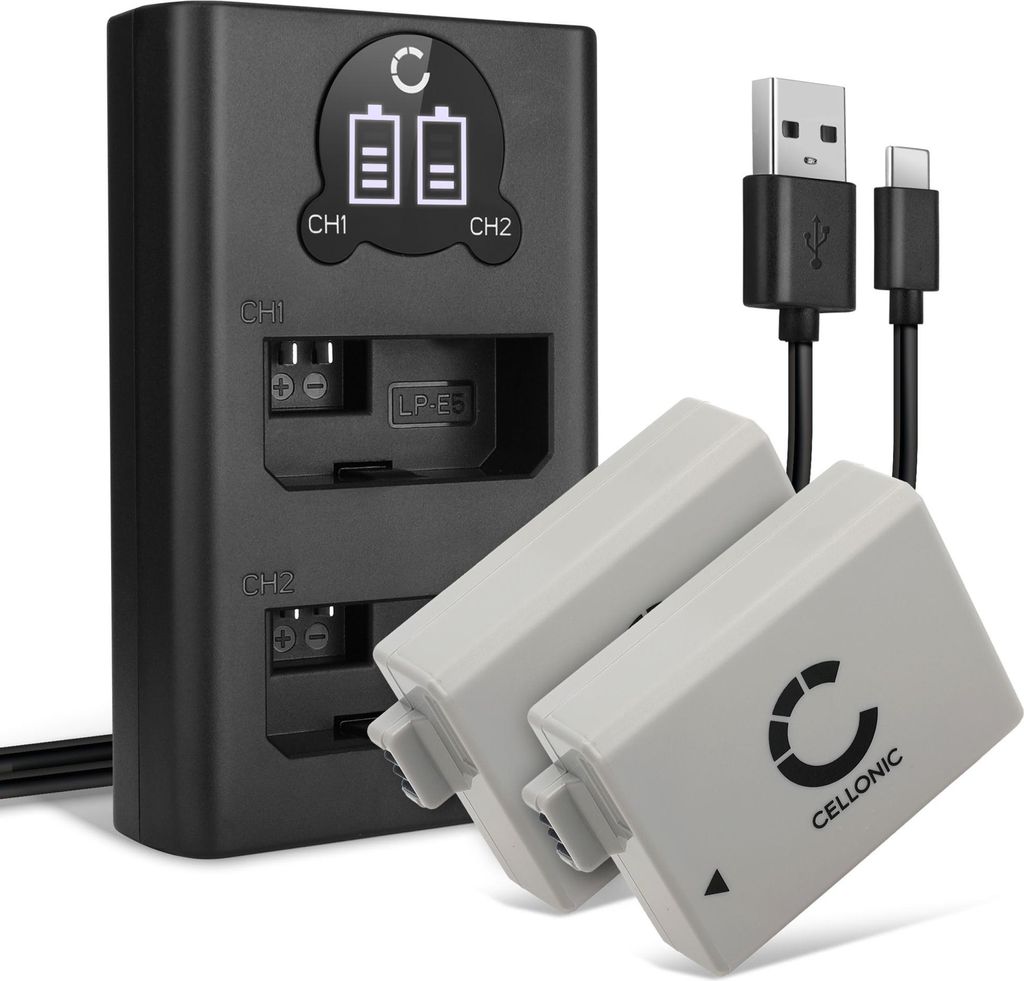 CELLONIC 2x Akku für Kamera Kompatibel mit Canon EOS 500D, EOS 1000D, EOS 450D, LP-E5 - (1020mAh, 7.4V) + Dual Ladegerät