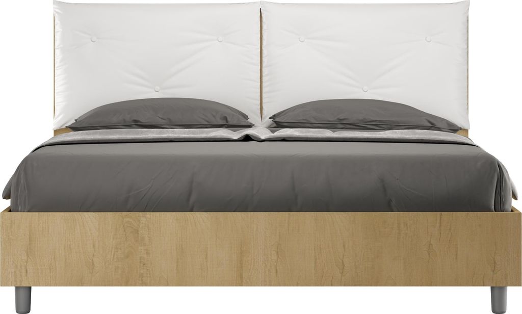 ITYHOME - Bett ohne Lattenrost 160x200 Eiche Natur Kopfteilkissen mit Kunstlederbezug Weiß Egos Appia