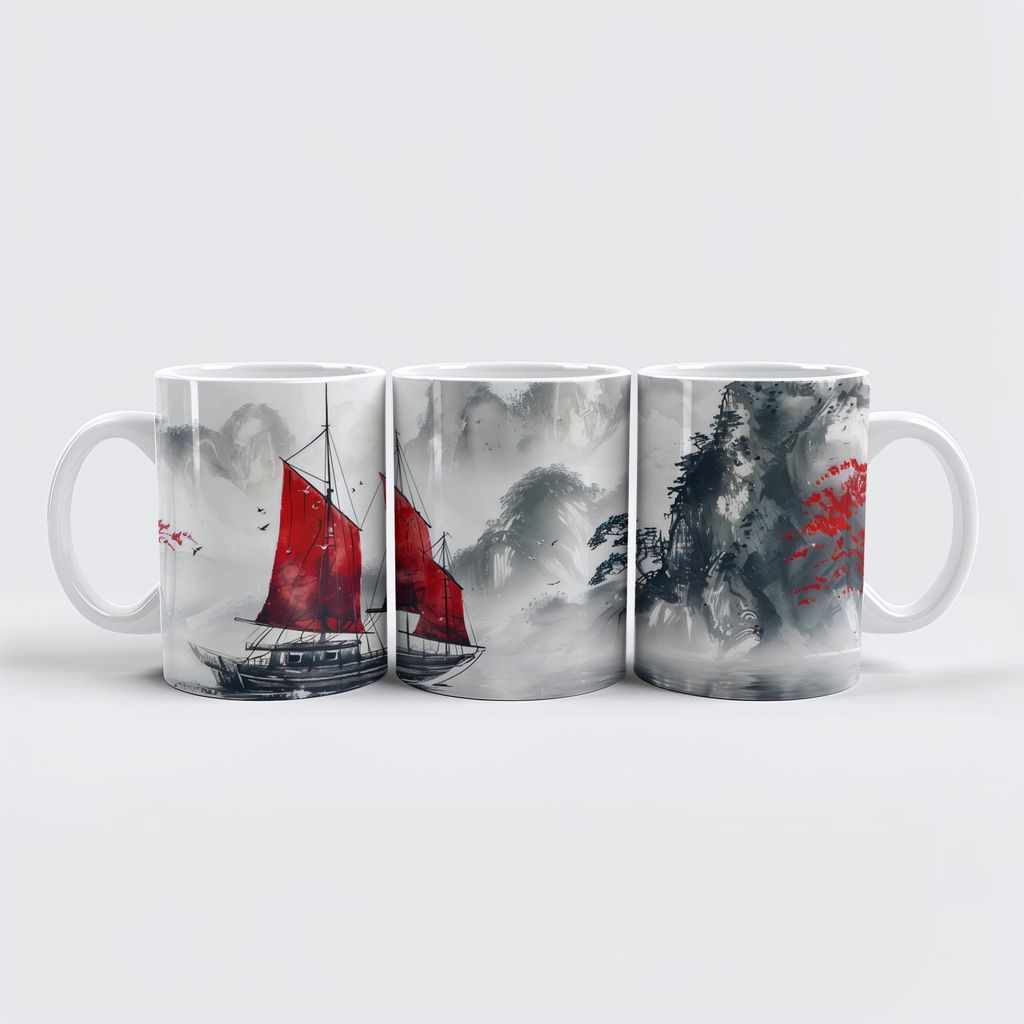 raxxa Premium-Tasse "Chinese Watercolor Junk on Serene Lake"